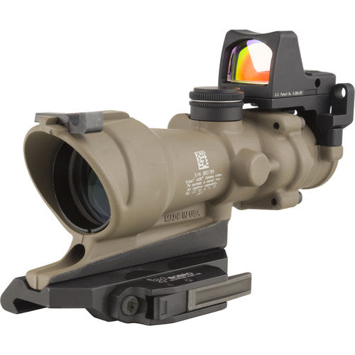 Trijicon ACOG 4x32 ECOS Illum Amber Crosshair 5.56 Reticle w/Iron Sights QR Mount - LED 3.25 MOA Red RMR Type 2 - FDE TA01-D-100555