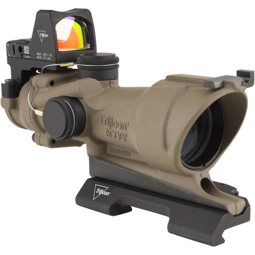 Trijicon ACOG 4x32 ECOS Illum Amber Crosshair 5.56 Reticle w/Iron Sights QR Mount - LED 3.25 MOA Red RMR Type 2 - FDE TA01-D-100555