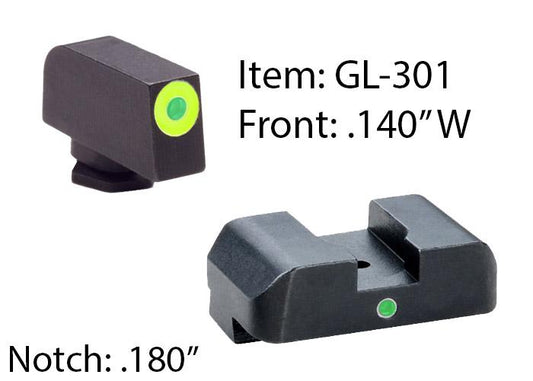 Ameriglo Tritium i-Dot Night Sight Set for Select Glocks / Front Outline Color - LumiGreen / Rear Metal Style - New