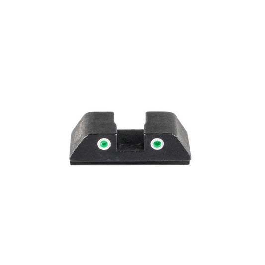 Ameriglo Tritium 2-Dot Rear Handgun Sight for Glock Green with White Front enhances aiming precision in low light.