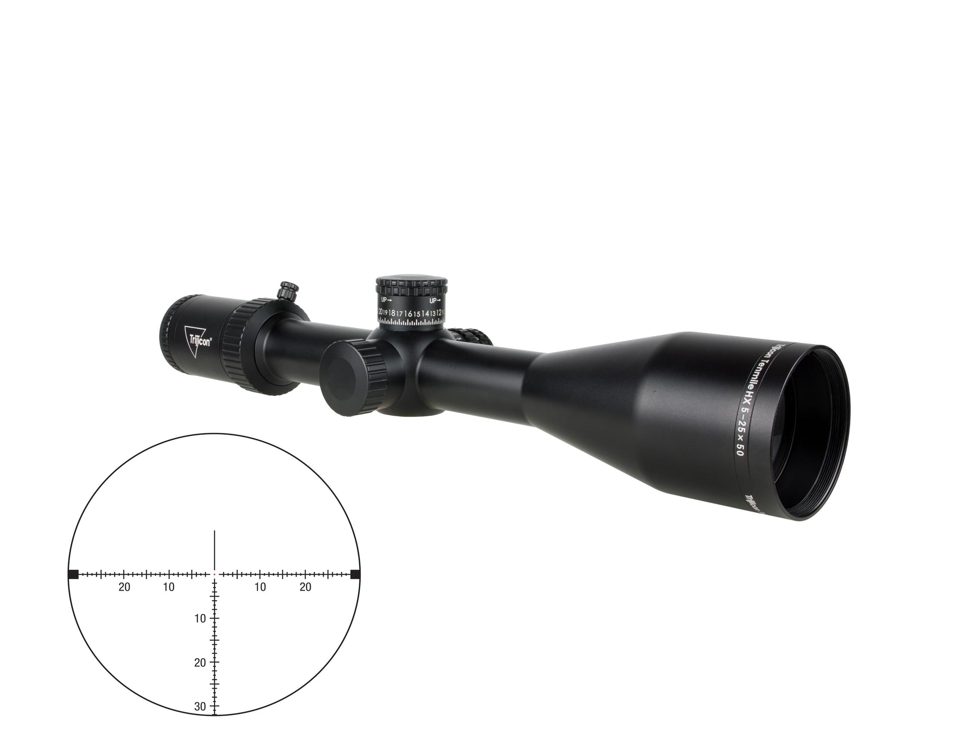 Trijicon Tenmile HX 5-25x50 FFP Riflescope w/ Red/Green LED Dot, MOA, 30mm Tube, Satin Black for precise long-range shooting.