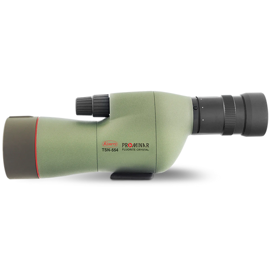 Kowa TSN-554 15-45x Straight Spotting Scope showcasing its compact design and fluorite crystal lens for clarity.