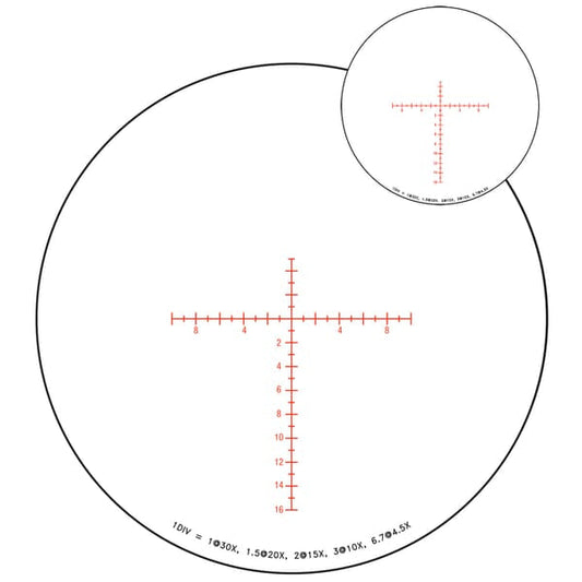 Red MOA reticle view through the Trijicon Tenmile 4.5-30x56 SFP Long-Range Riflescope w/ Red/Green MOA Long Range 3000014.